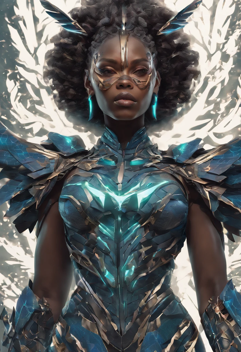 (masterpiece, RAW, realistic, UHD:1.1) a beautiful dark skinned black 1woman, 36yo (realistic skin texture, pores, and blemishes), druid in the style of (futuristic "Wakanda Vibranium" age aesthetics), holding an advance future high-tech bow in her hand. The woman is dressed in ((armor made to look like leaves|scales but is made entirely from a combination of \((Graphene: UHMWPE:.25\)), \((Piezoelectric Materials: Carbon Fiber:.25\)), \((Aerogel: Memory Alloy:.25\)), \((Smart Fabris: Kevlar:.25\)) with \(((bioluminescent stitching:.25\))). Additional details: The woman has very intricate, Wakanda tribal panther face paint with earthy colors. Her eyes are light-purple color, sharp and focused, reflecting determination and strength. Her lips are full and slightly parted, showing her concentration as she takes aim. The woman's long wavy hair is braided with flowers and feathers, adding to her natural and advance technological appearance. The armor she wears is overlapping that resemble leaves|scales, providing both protection and camouflage in the natural surroundings BREAK The leaves have a vibrant green to blue graydient color, emphasizing the druid's connection to nature and Vibranium, the vines and flowers intertwine with the armor, further enhancing the cutting-edge and futuristic earthy look. The (bow in her hand is made of black carbon fiber that (looks like wood)), decorated with alien-inspired sigil patterns and symbols, Hyper-detailed, insane details, Beautifully color graded, Unreal Engine, DOF, Super-Resolution,Megapixel, Cinematic Lightning, Anti-Aliasing, FKAA, TXAA, RTX,SSAO,Post Processing, Post Production, Tone Mapping, CGI, VFX, SFX, Insanely detailed and intricate , Hyper maximalist, Hyper realistic, Volumetric, Photorealistic, ultra photoreal, ultra- detailed, intricate details,8K, Super detailed , Full color, Volumetric lightning, HDR, Realistic, Unreal Engine, 16K, Sharp focus.