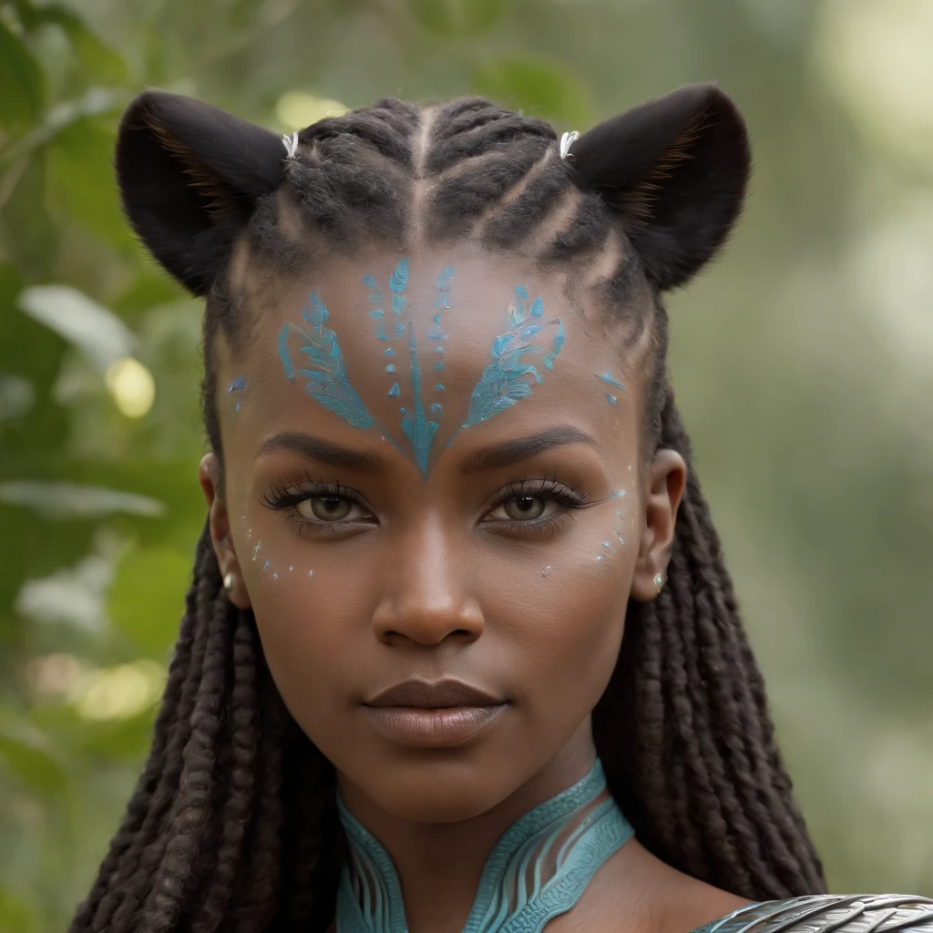 (masterpiece, RAW, realistic, UHD:1.1) a beautiful dark skinned black 1woman, 36yo (realistic skin texture, pores, and blemishes), druid in the style of (futuristic "Wakanda Vibranium" age aesthetics), holding an advance future high-tech bow in her hand. The woman is dressed in ((armor made to look like leaves|scales but is made entirely from a combination of \((Graphene: UHMWPE:.25\)), \((Piezoelectric Materials: Carbon Fiber:.25\)), \((Aerogel: Memory Alloy:.25\)), \((Smart Fabris: Kevlar:.25\)) with \(((bioluminescent stitching:.25\))). Additional details: The woman has very intricate, Wakanda tribal panther face paint with earthy colors. Her eyes are light-purple color, sharp and focused, reflecting determination and strength. Her lips are full and slightly parted, showing her concentration as she takes aim. The woman's long wavy hair is braided with flowers and feathers, adding to her natural and advance technological appearance. The armor she wears is overlapping that resemble leaves|scales, providing both protection and camouflage in the natural surroundings BREAK The leaves have a vibrant green to blue graydient color, emphasizing the druid's connection to nature and Vibranium, the vines and flowers intertwine with the armor, further enhancing the cutting-edge and futuristic earthy look. The (bow in her hand is made of black carbon fiber that (looks like wood)), decorated with alien-inspired sigil patterns and symbols, Hyper-detailed, insane details, Beautifully color graded, Unreal Engine, DOF, Super-Resolution,Megapixel, Cinematic Lightning, Anti-Aliasing, FKAA, TXAA, RTX,SSAO,Post Processing, Post Production, Tone Mapping, CGI, VFX, SFX, Insanely detailed and intricate , Hyper maximalist, Hyper realistic, Volumetric, Photorealistic, ultra photoreal, ultra- detailed, intricate details,8K, Super detailed , Full color, Volumetric lightning, HDR, Realistic, Unreal Engine, 16K, Sharp focus.