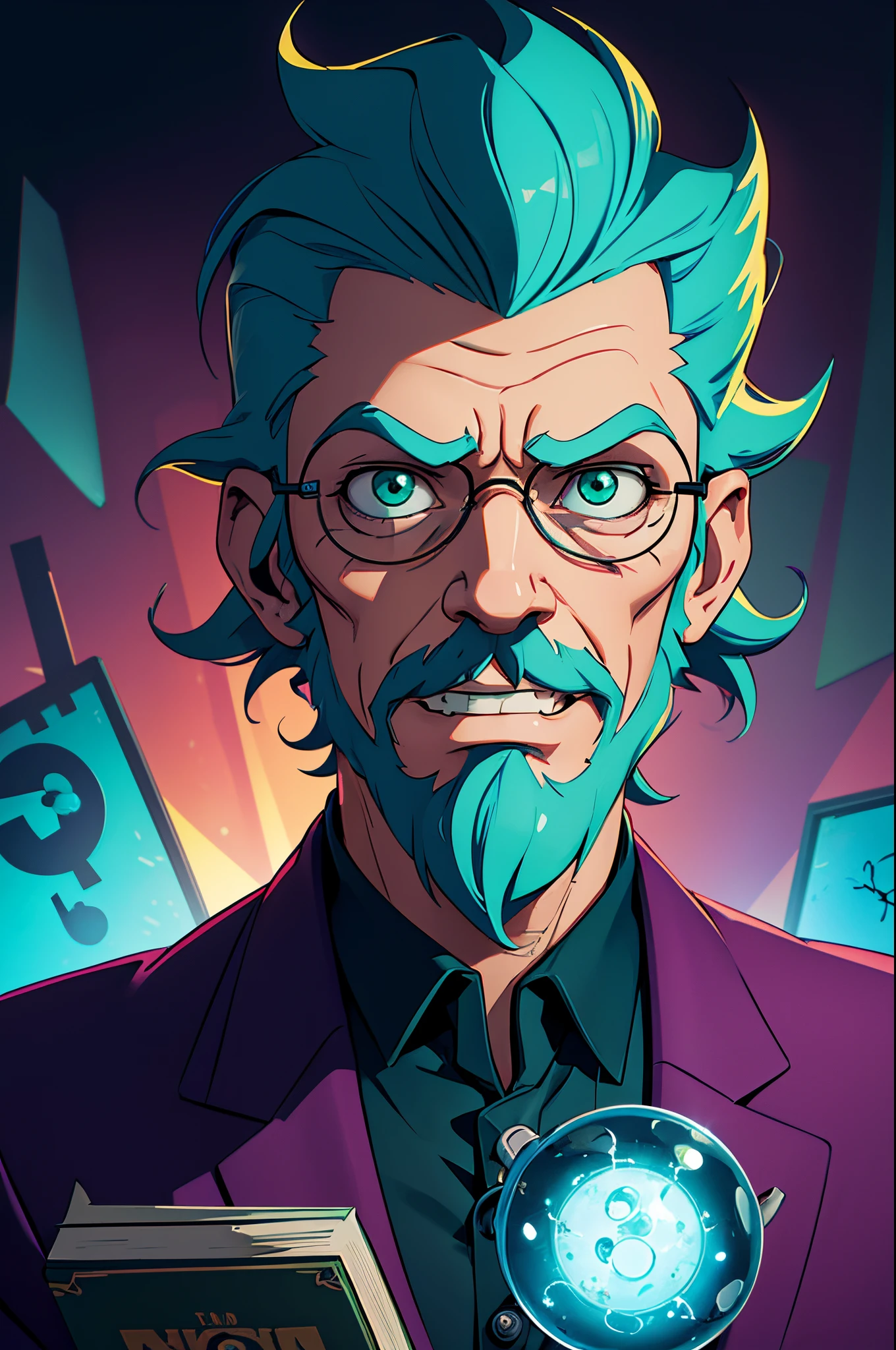 (best quality,highres:1.2),ultra-detailed,portrait,Rick and Morty character,Hugh Laurie as Rick Sanchez,blue spiked hair,hair sticking out in different directions,beard stubble,scientist lab coat,genius expression,glasses shining,intelligent eyes,mischievous smile,raised eyebrow,dark background,colorful portal,glowing green flask,books and scientific equipment,interdimensional adventure,quirky and eccentric personality,chaotic energy,sci-fi elements,animated style,vibrant colors,dynamic lighting.