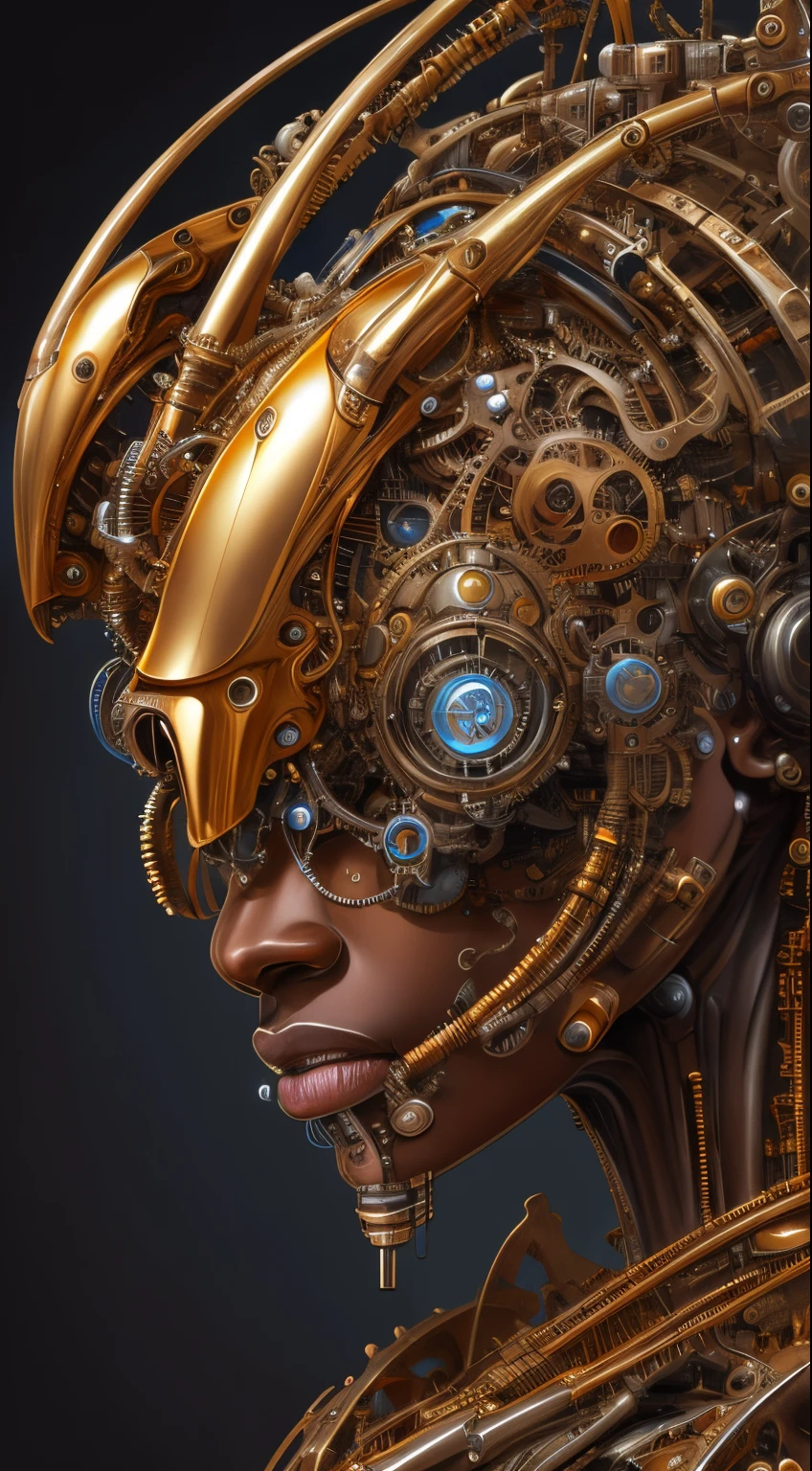 Obra de arte al estilo de Vladimir Kush, WLOP y James Jean retrato muy detallado e intrincado de un rostro mecánico o cibernético, probablemente inspirado en temas steampunk y futuristas. la cara, aparece, rasgos africanos, componentes metálicos y mecánicos, oro