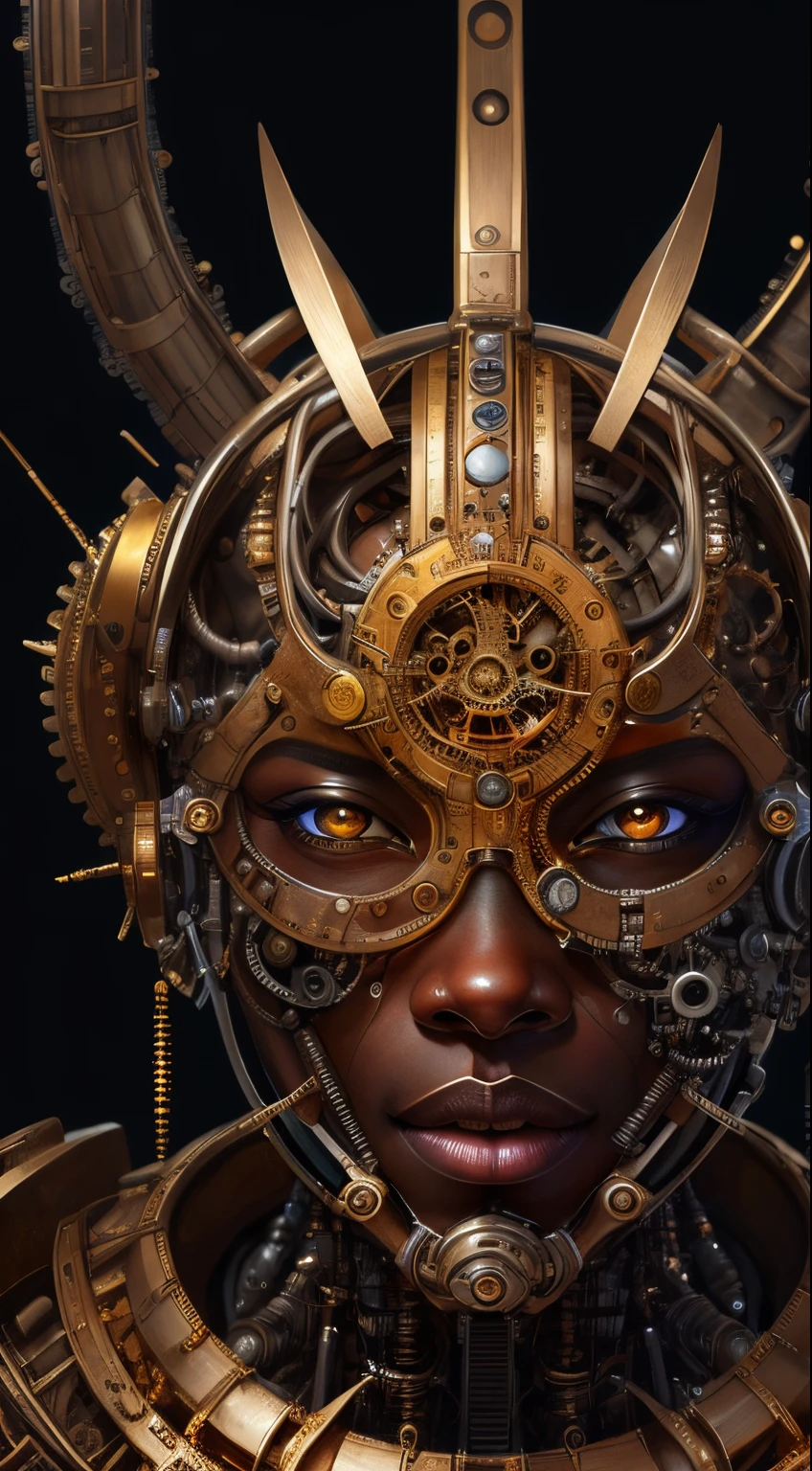 Artwork in the style of Vladimir Kush, WLOP and James Jean highly detailed and intricate portrayal of a mechanical or cybernetic face, likely inspired by steampunk and futuristic themes. The face, appears, African features, metallic and mechanical components, gold