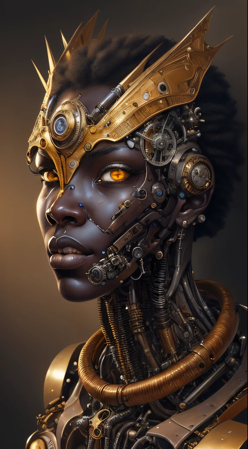 Artwork in the style of Vladimir Kush, WLOP and James Jean highly detailed and intricate portrayal of a mechanical or cybernetic face, likely inspired by steampunk and futuristic themes. The face, appears, African features, metallic and mechanical components, gold