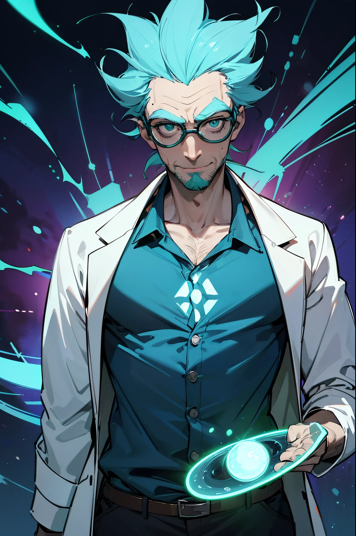 (best quality,highres:1.2),ultra-detailed,portrait,Rick and Morty character,Hugh Laurie as Rick Sanchez,blue spiked hair,hair sticking out in different directions,beard stubble,scientist lab coat,genius expression,glasses shining,intelligent eyes,mischievous smile,raised eyebrow,dark background,colorful portal,glowing green flask,books and scientific equipment,interdimensional adventure,quirky and eccentric personality,chaotic energy,sci-fi elements,animated style,vibrant colors,dynamic lighting.