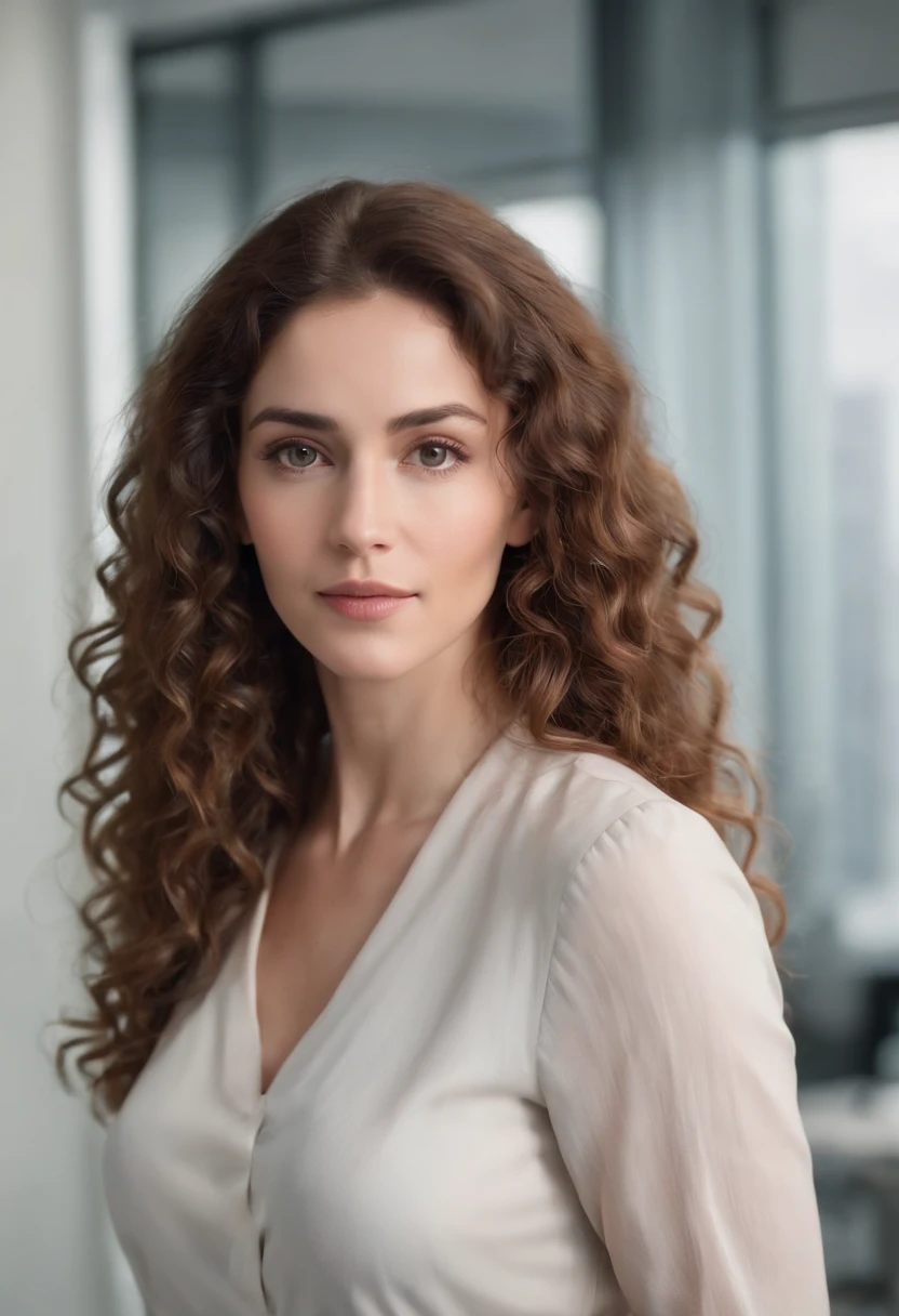 A woman with long curly hair standing in an office - SeaArt AI