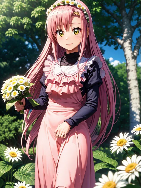 hight resolution, top-quality, ultra-quality,3D images、Daisies、3D images、Katsura Hina is cute no matter who sees it、Beautiful flowers々Park in full bloom、A pink-haired, verd s eyes, Very long hair, Straight hair、Highly detailed CG Unity 8k wallpaper, [3D im...