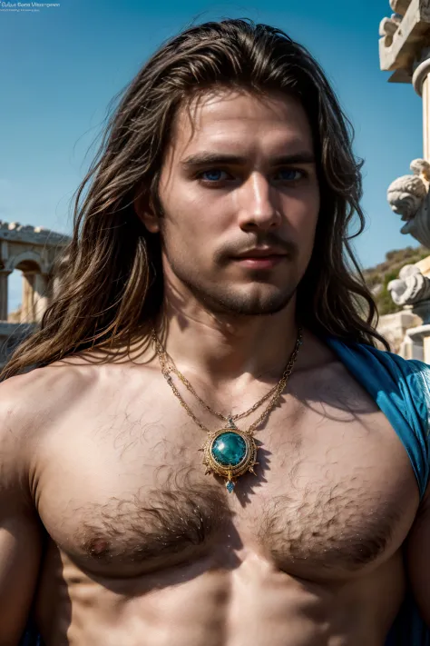 (( man )), with a necklace ,((blue eyes)), ((long hair)), wearing a greek toga, muscular male hero, attractive, half shot of a h...