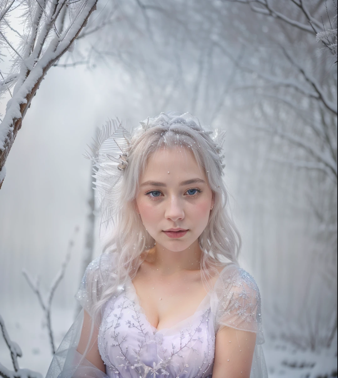 (best quality,4k,8k,highres,masterpiece:1.2),ultra-detailed,(realistic,photorealistic,photo-realistic:1.37),fantasy,portrait,snow queen,winter landscape,frozen forest,beautiful detailed eyes,beautiful detailed lips,extremely detailed eyes and face,long eyelashes,icy blue eyes,snowflake crown,sparkling snow,ethereal beauty,glistening snow-covered trees,faint sunlight piercing through the trees,magical atmosphere,cold,serene,,royal elegance,soft winter colors,delicate beauty,graceful pose,ice crystals forming on the queen's dress,subtle shades of white and blue,soft snowfall,queen's flowing gown,enchanted forest,subtle hint of mystery,hint of frost in the air,frozen tears of joy,whisper of winter's song.