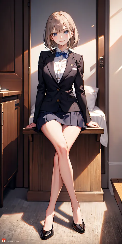 (Masterpiece), expressive eyes, perfect faces, 1 Girl, seductive smile smugly, school uniformss, miniskirt, ((Crossed legs)), Th...