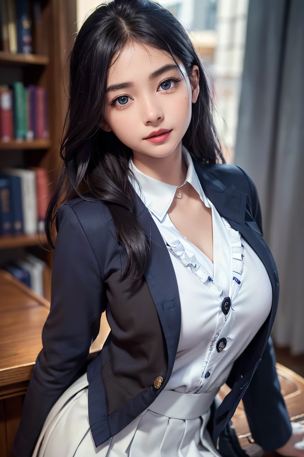 extremely detailed eye, extra detailed face, Best Quality ,masutepiece, Extremely detailed, Ultra-detailed, (Realistic, Photorealsitic:1.3), Smile, (facing front), Looking at Viewer, School Uniforms(Dark blue blazer、White dress shirts、Charcoal Grape Pleated Skirt:1.4)、 1girl in , eye glass、at the library