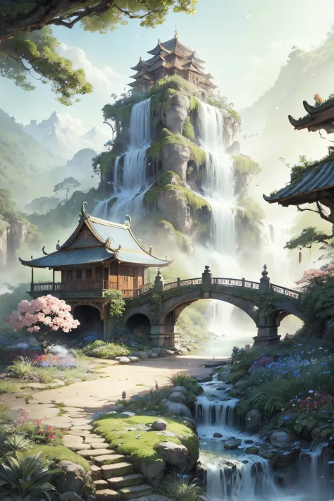 Garden painting with waterfalls and bridges, floral environment, Anime landscape concept art, Anime background art, Magical envi...