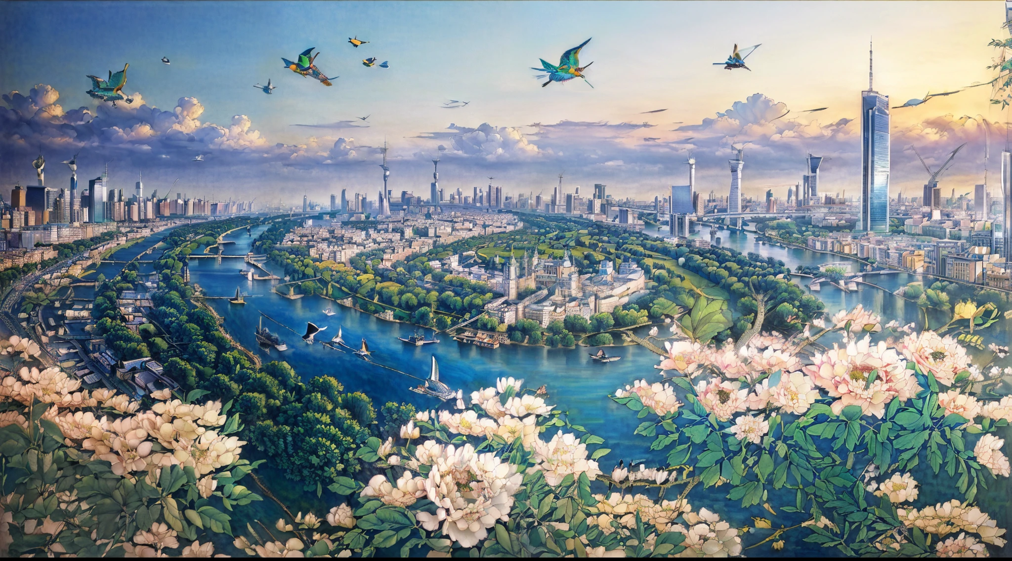 (Best quality,4K,8K,A high resolution,tmasterpiece:1.2),ultra - detailed,(actual,realistically,realisticlying:1.37),HighDynamicRange,Ultra-fine painting,bokeh,(bird's eyes view：1.5),City by the river,scattered views,azure color，modernn architecture,Gongbi drawing style