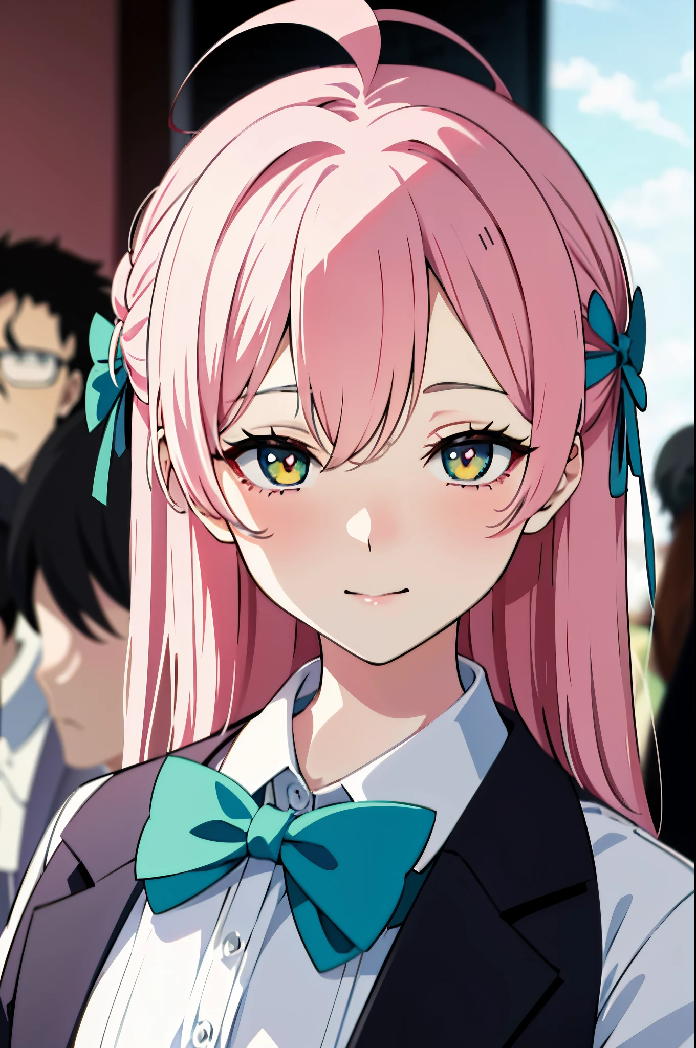 Anime girl with pink hair and blue bow tie standing in front of other  people - SeaArt AI