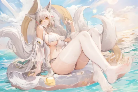 Anime girl in bikini sitting on floating object in ocean, small curvaceous loli, The highest rating on PixiV, commission for high resolution, In Pixiv, full body commission for, pixiv 3dcg, azur lane style, Popular topics on artstation pixiv, White-haired ...