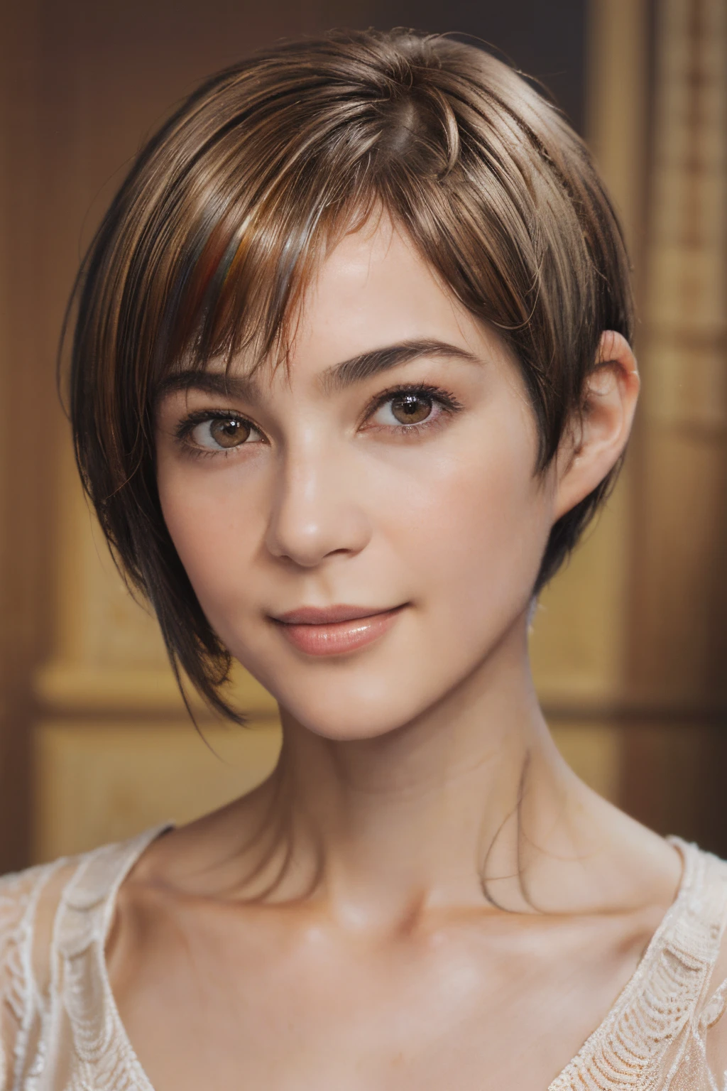 103
(a 20 yo woman,is standing), (A hyper-realistic), (high-level image quality), ((beautiful hairstyle 46)), ((short-hair:1.46)), (Gentle smile), (Keep your mouth shut), (trompe l'oeil), ((trickart:1.46))