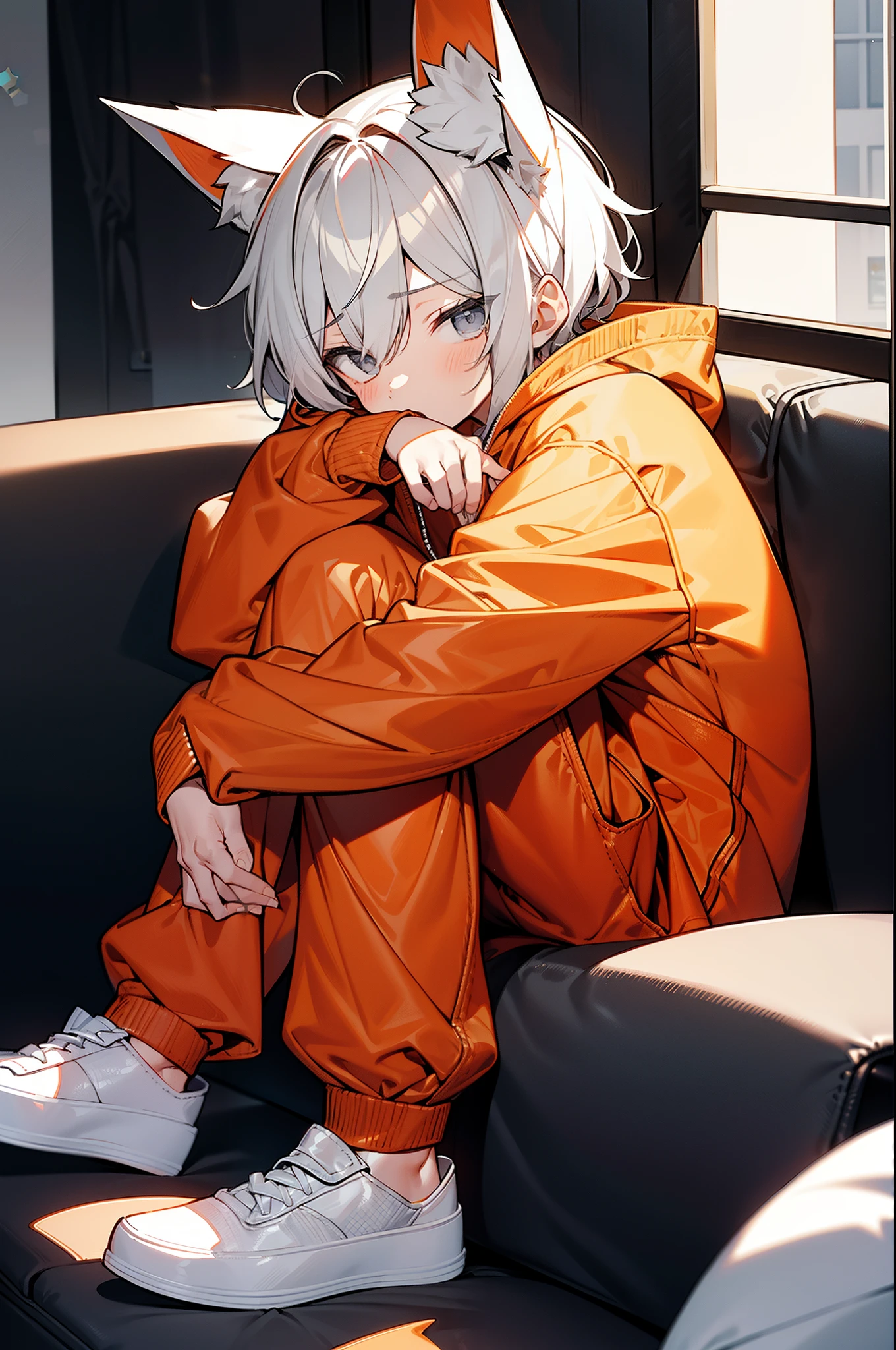 Anime girl in orange outfit sitting on a couch with her head on her hands -  SeaArt AI