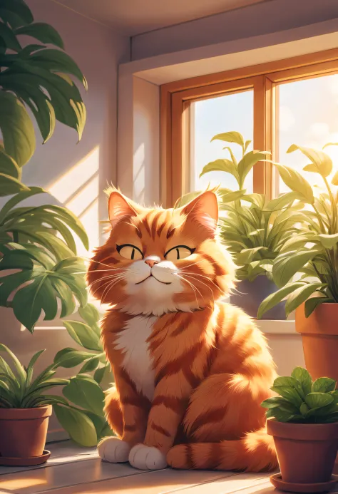 a playful Garfield cat, medium: colored pencil illustration, fluffy orange fur, mischievous expression, round belly, lazy and happy, sitting on a windowsill, sunlight streaming through, surrounded by potted plants, cozy home feeling, highres, vibrant color...