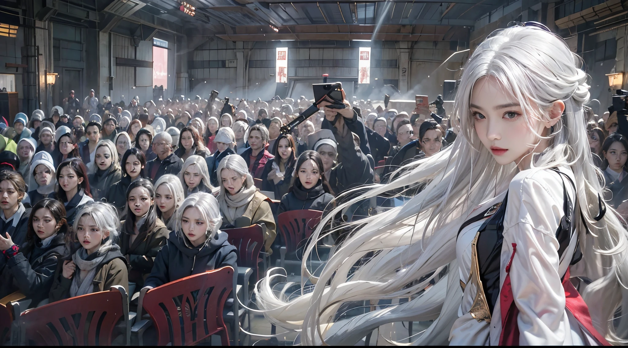 realisticlying, A high resolution, a 1 woman, alone, hip-up, Just look at the audience, (Detailed face), White hair, kaisha