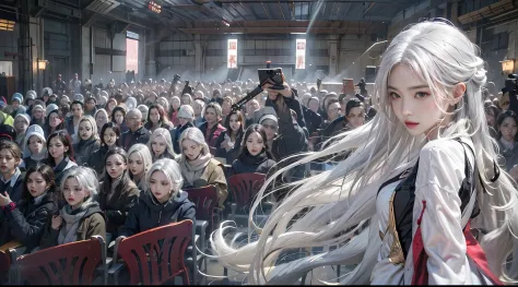 realisticlying, A high resolution, a 1 woman, Alone, hip-up, Just look at the audience, (详细的脸), White hair, kaisha