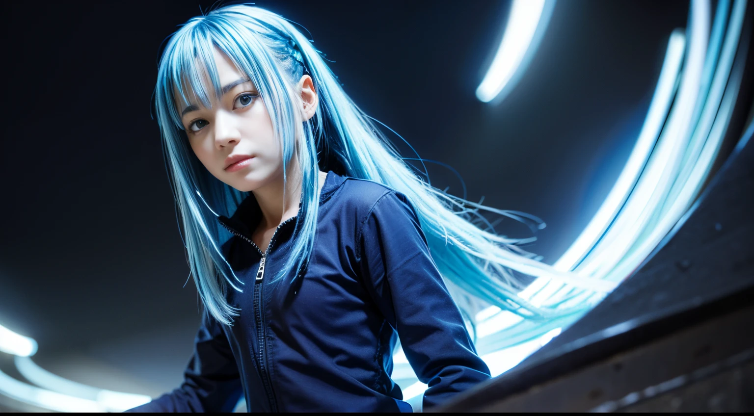 masterpiece, best quality, game cg, 1girl, solo, female focus, looking at viewer, upper body, , rimuru_tempest, blue hair, yellow eyes, long hair, , , 12k resolution, blue clothes, long sleeves, blue shirt