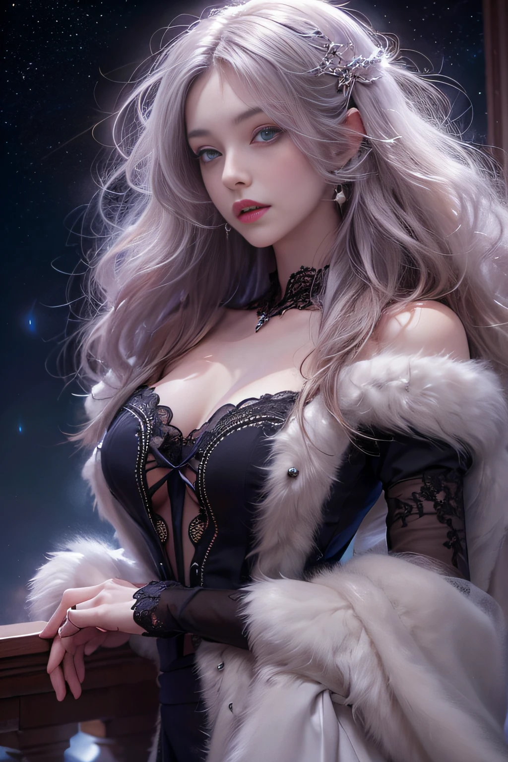 (Girl Standing On Palace Balcony)Portrait photo of a girl, Photorealistic, High resolution, 1 Women, Solo, waist-up, Beautiful eyes, Close lips, Detailed face, White hair, Long hair, (off shoulder black lace long dress) ,(There is a slit up to the waist.),Fur coat, Stockings,(night sky full of stars)