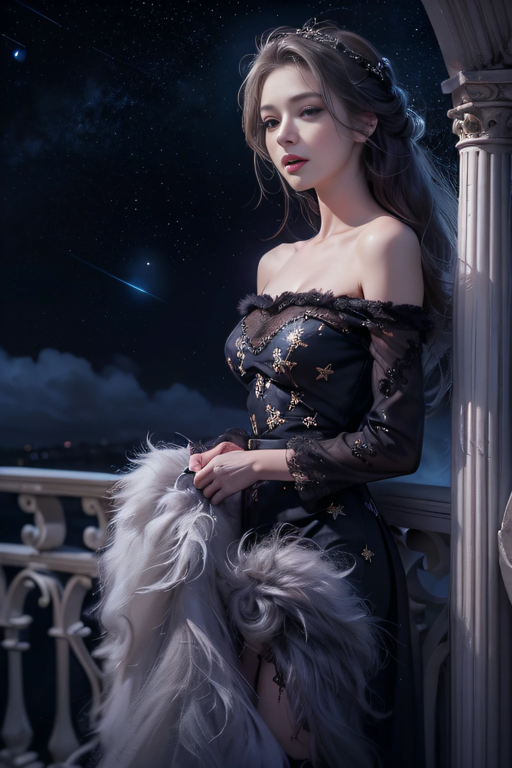 (Woman standing on balcony of palace)Portrait photo of a girl, Photorealistic, High resolution, 1 Women, Solo, waist-up, Beautiful eyes, Close lips, Detailed face, White hair, Long hair, (off shoulder black lace long dress) ,(There is a slit up to the waist.),Fur coat, Stockings,(night sky full of stars)