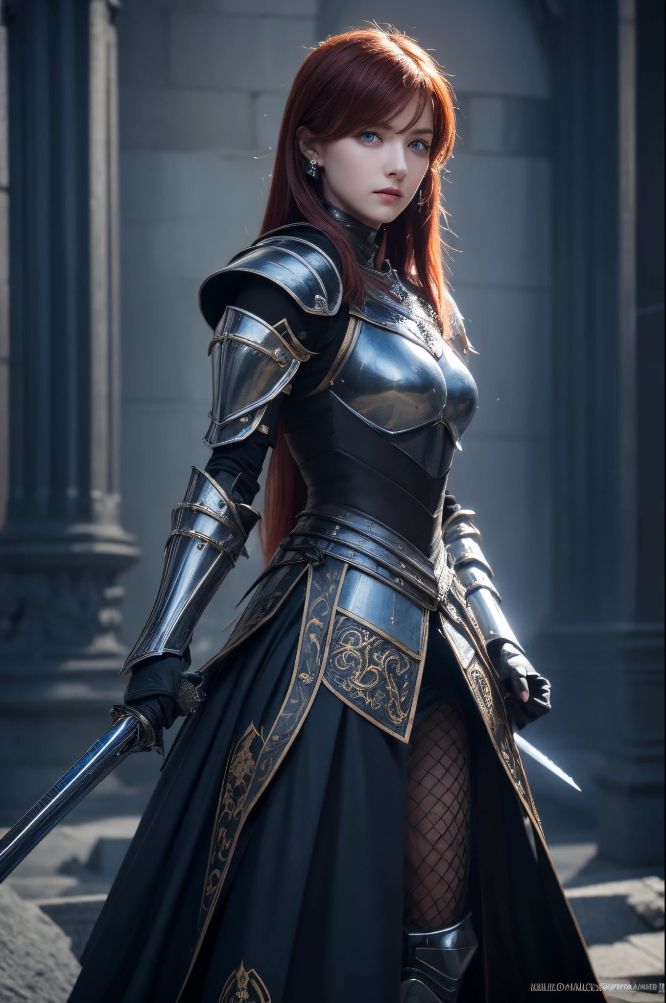 ((Best quality)), ((masterpiece)), (highly detailed:1.3), 3D, elegant woman with long straight hair in knight armor plate, large shoulder plate with kanote, medieval theme, bioluminescence, Beautiful face, brave, 2 tone color, cinematic, 3D render, Octance Rendar, red hair, earing, dramatically posing as a knight, standing on top of the building, city escape, hairs go along with winds, sunny day, medieval, no helmet, vines grow in her armor, ancient armor, black and grey color for armor, shot underskirt, Sword on back, glowing eyes, blue eyes, beautiful leg, sexy, showing skin cleavage,