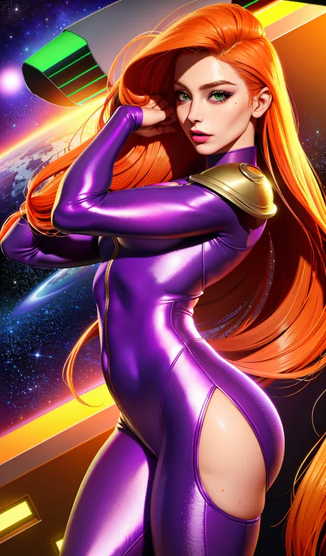 (Masterpiece, 4k resolution, ultra-realistic, very detailed), Super heroine, long orange hair, purple leather suit, green eyes, ...