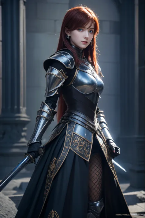 ((best quality)), ((masterpiece)), (highly detailed:1.3), 3d, elegant woman with long straight hair in knight armor plate, large...