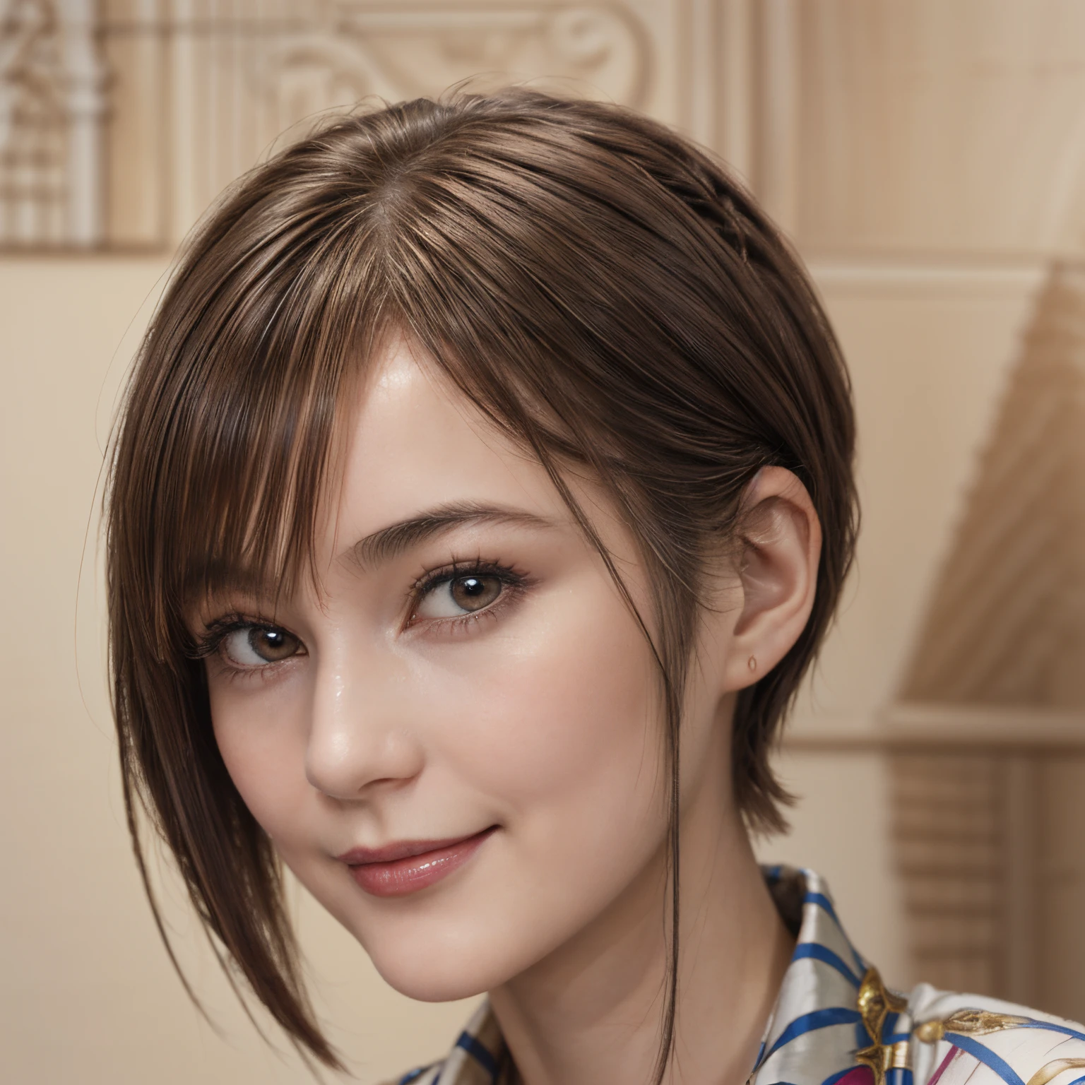 104
(a 20 yo woman,is standing), (A hyper-realistic), (high-level image quality), ((beautiful hairstyle 46)), ((short-hair)), (Gentle smile), (Keep your mouth shut), (The background is a trompe l&#39;oeil&#39;The eye), ((trickart:1.46)), (lipsticks)