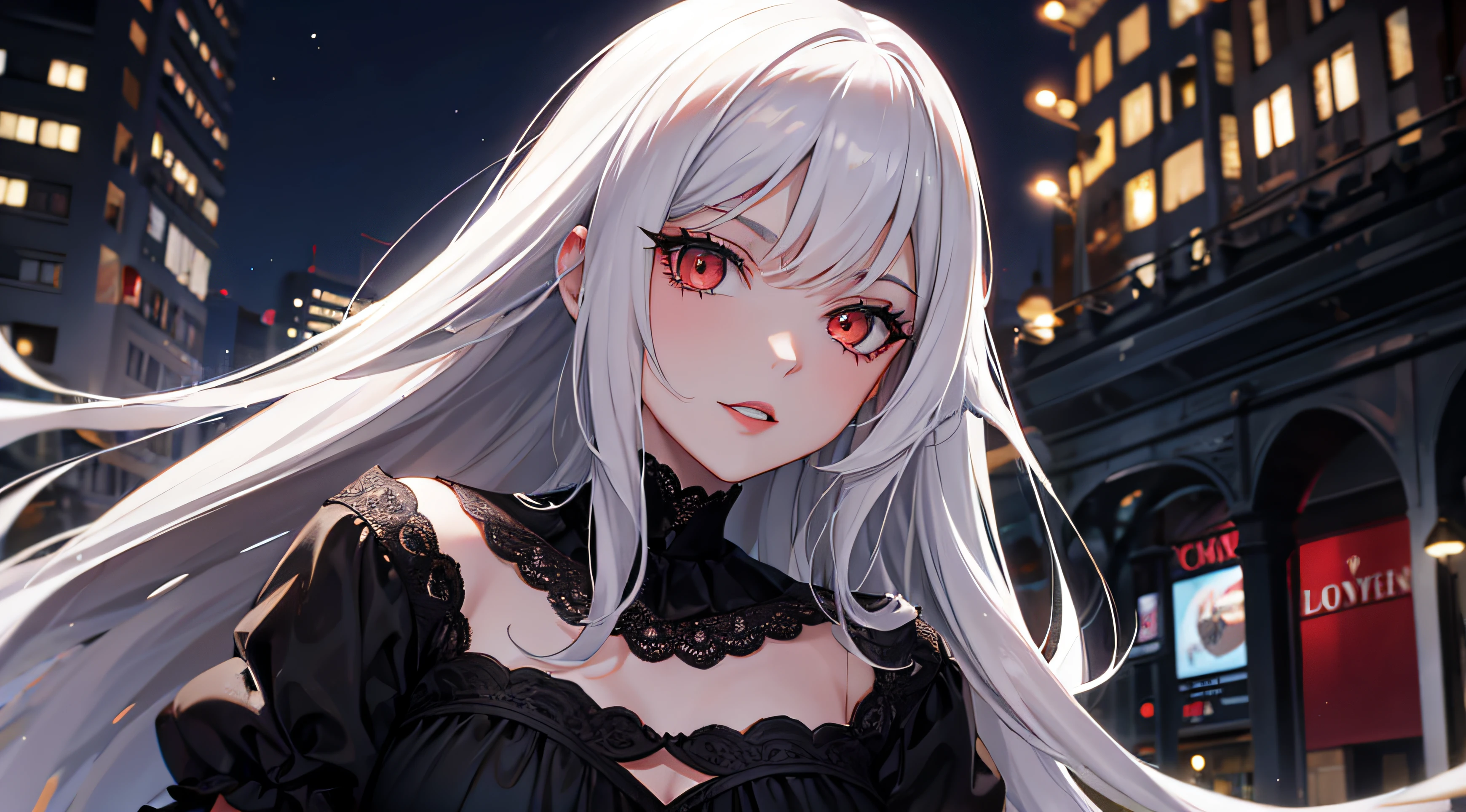 Anime girl with long white hair and red eyes in a city - SeaArt AI