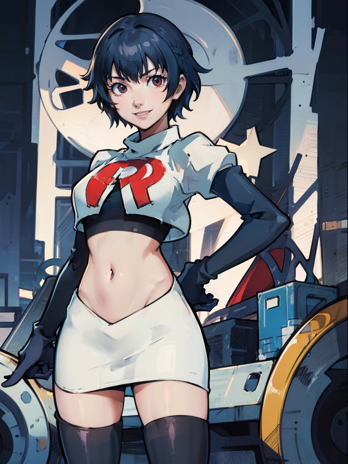 shiroganenaoto, blue hair,  team rocket, team rocket uniform, red letter R, white skirt, white crop top, black thigh-highs, black elbow gloves, evil smile