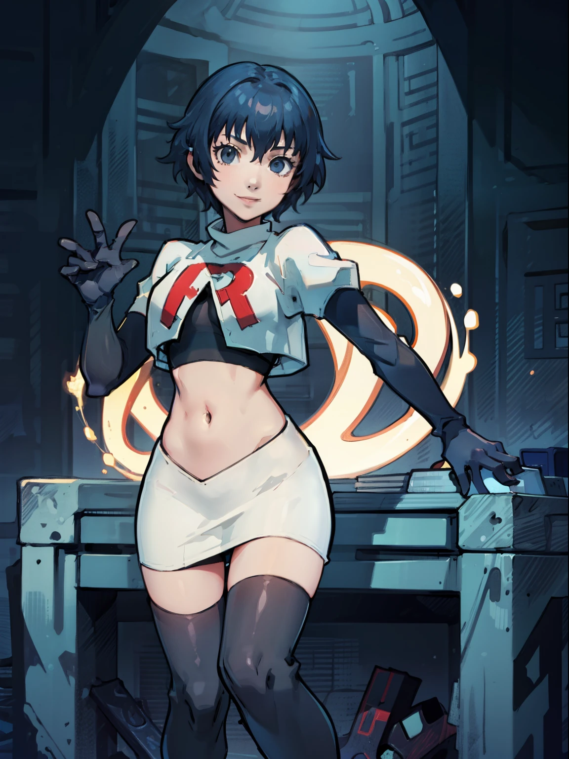 shiroganenaoto, blue hair, blue eyes, team rocket, team rocket uniform, red letter R, white skirt, white crop top, black thigh-highs, black elbow gloves, smile, sexy pose