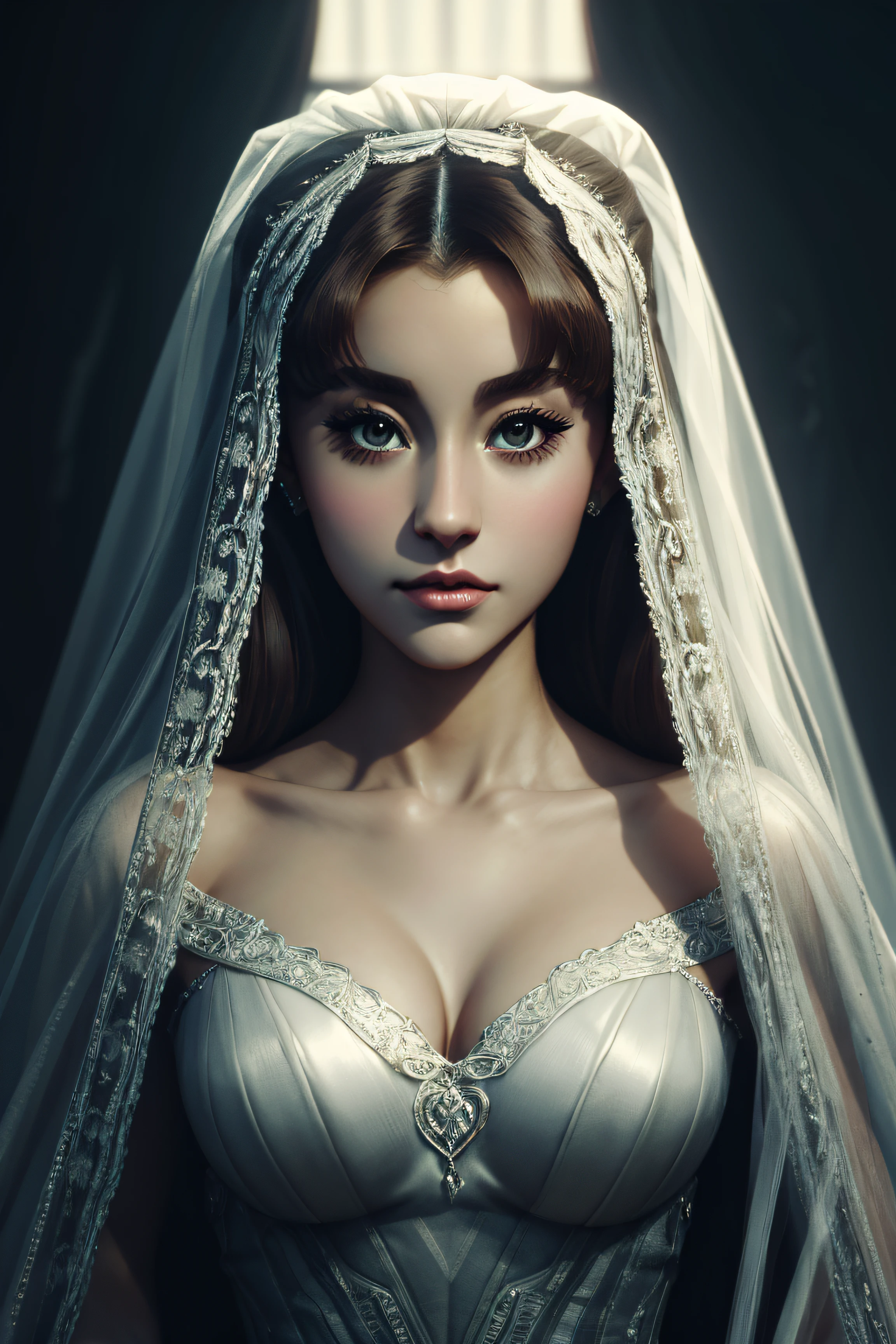 Ariana Grande, veil bride sexy clothes , character portrait, 3 9 9 0 s, long hair, intricate, elegant, highly detailed, digital painting, artstation, concept art, smooth, sharp focus, illustration, art by wlop, charlie bowater and alexandra fomina