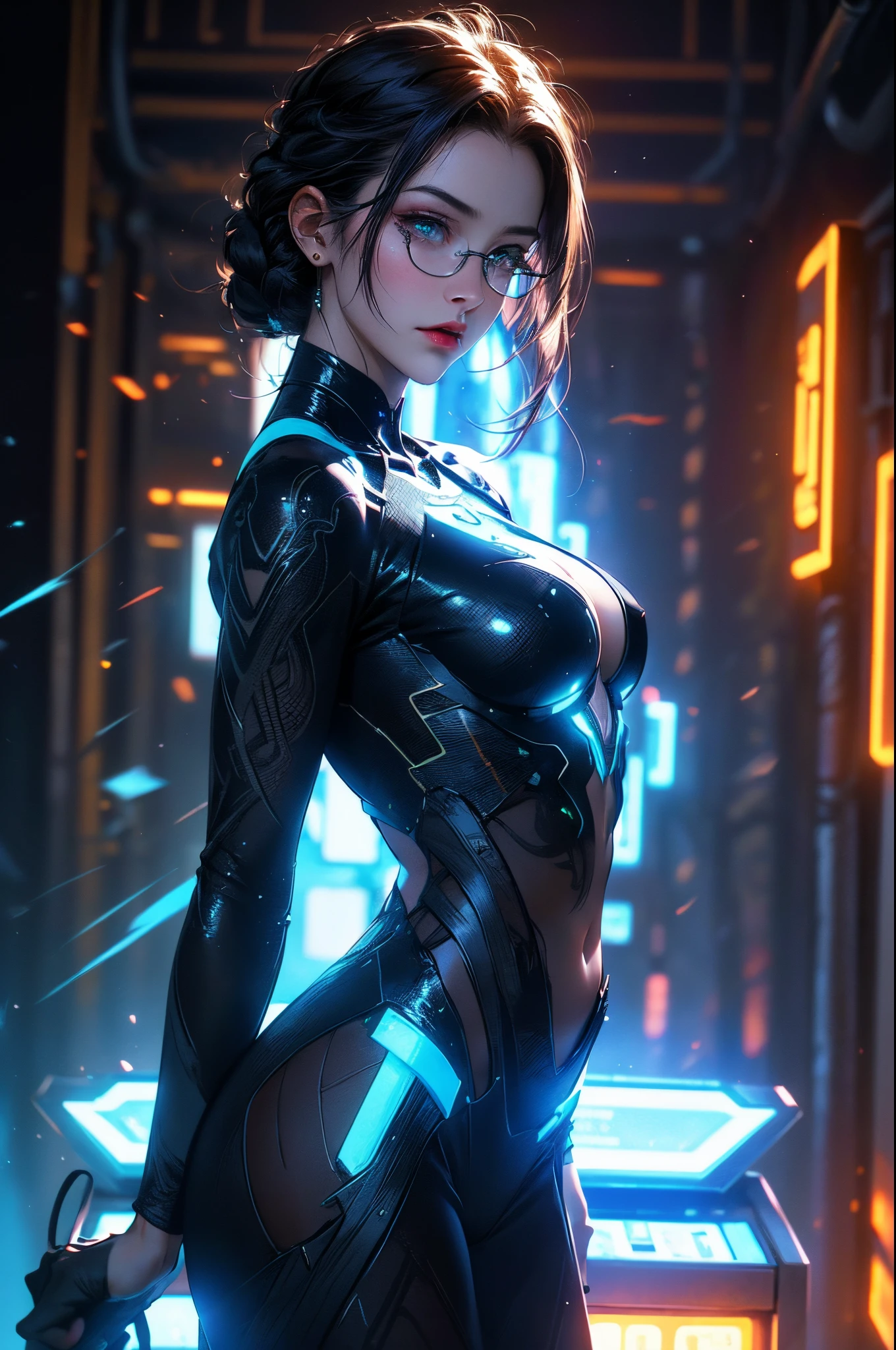 ((masterpiece)), ((best quality)), 1girl, depth of field, purple hair, green eyes, long hair, pastel:1.2, slim waist, perfect body,  dynamic:1.2, realistic light, neon light, Nvidia Ray tracing, (((cinematic))), ((tron inspired)), intricate, cyberpunk, ((sexy intricate clothes from tron)), (sci-fi glasses), (cinematic shot), (ambient occlusion), particles, volumetric light, glowing, illumination, sci-fi, high contrast, (endless background), shot from film, (digits, computers, matrix), fantastic,  absolutely eye-catching, breathtaking, ((ultra detailed intricate cinematic background:1.2)), ((stern look, eye contact)), cinematic warrior pose