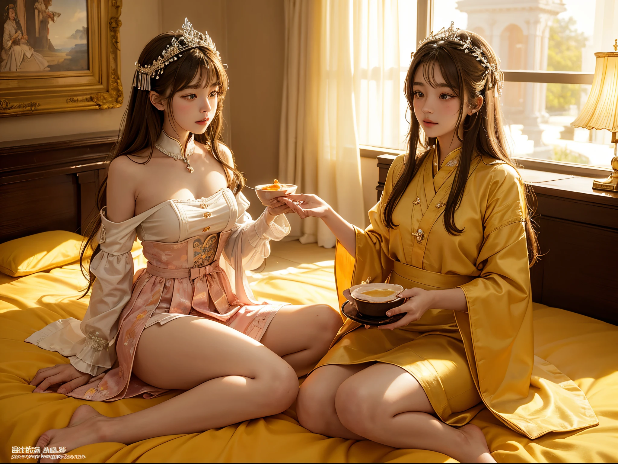 Two women in costumes sitting on a bed eating food - SeaArt AI