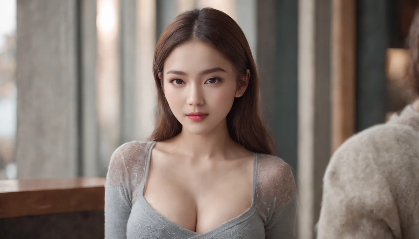 8K, Best quality at best, Real photos, Realistic details, Clear face, exquisite facial features, True skin radiance, A cute girl,Asians， the shy, facing at the camera, Girl wearing gray fishnet sweater and tight denim sitting at bar, clear bar background, seaview, arms on bar counter, glute, slim, Large breasts, 18yr old, big breasts enchanting, Seductive eye