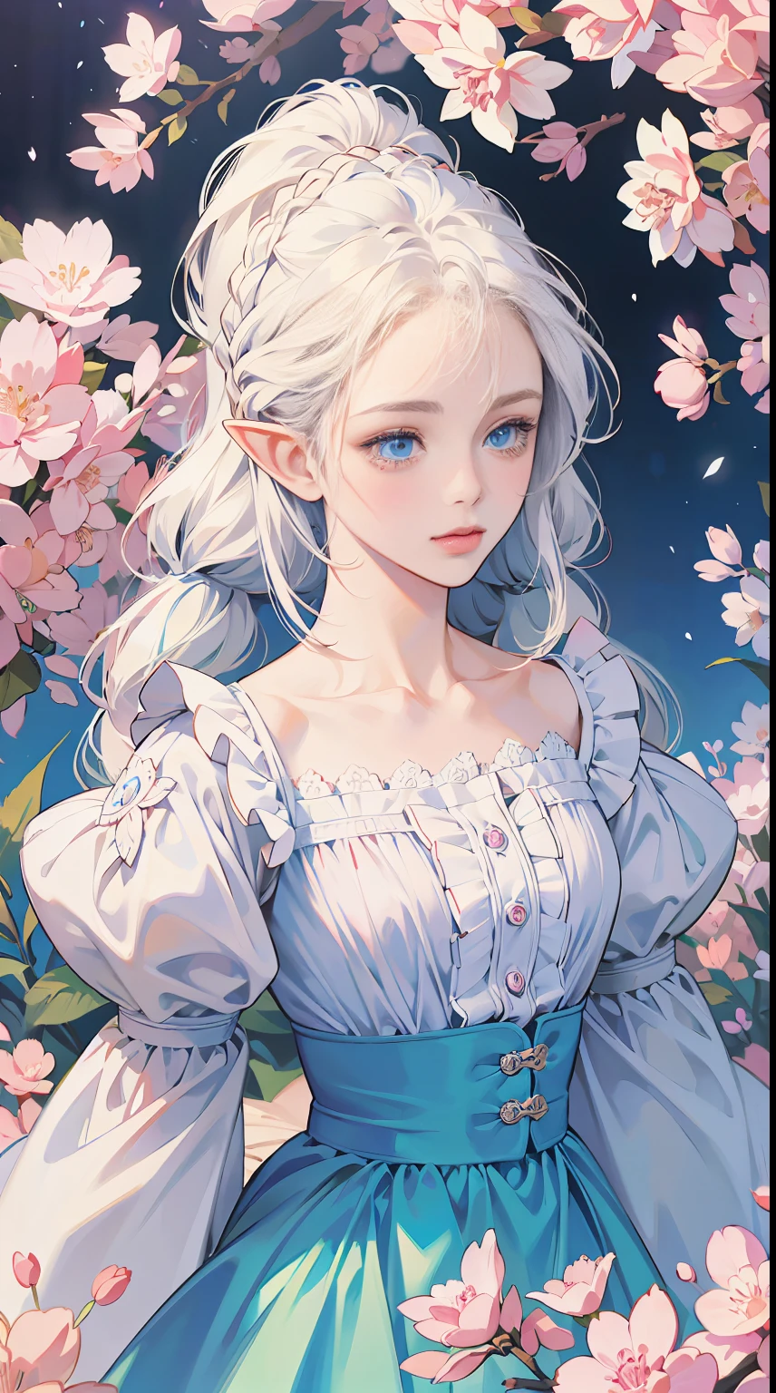 (highest resolution, distinct_image) A masterpiece featuring a highly detailed, semi-realistic female elf. She has (asymmetrical bangs) and twin braids, with a perfect face adorned by (deep blue eyes) and (white hair). Her cute outfit consists of a fluffy white skirt with a pink line, complemented by a kawaii pink shirt. The magical candy forest background adds an enchanting touch. By Yusuke Murata.