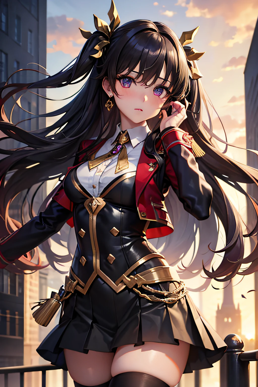 (chef-d&#39;œuvre), meilleure qualité, haute qualité, beau corps, yeux expressifs, visage parfait, 1fille, seulement, Ishtar, Ishtar fate, yeux violets, cheveux noirs, gold hair ruban, cheveux longs, cheveux twintails, ruban, serrures latérales, deux côtés vers le haut, black jupe, black hauts de cuisse, Veste rouge avec chemise blanche, minijupe, pleated jupe, jupe, hauts de cuisse, bijoux de cou, Contexte de la ville, Rester, Restering, Feuille de personnage, haut du corps, portrait, regarder le spectateur, visage rougissant, poitrine moyenne