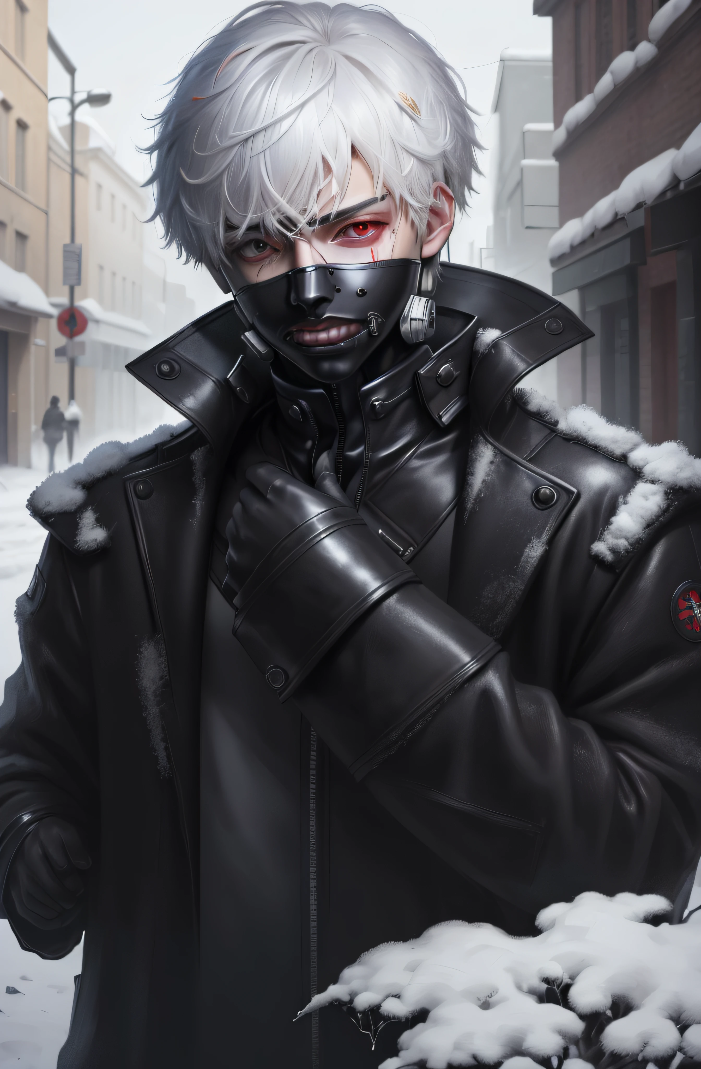 (photorealistic:1.4), (masterpiece, sidelighting, finely detailed beautiful eyes: 1.2), best quality, more details, masterpiece, 1boy, kaneki ken, portrait, close-up,  male focus, red eyes, solo, mask, black nails, short hair, black background, nail polish,  teeth, white hair,black winter overcoat black clothing,,black leather gloves, 8k, detailed, ray tracing, depth of field, cinematic lighting, blood,