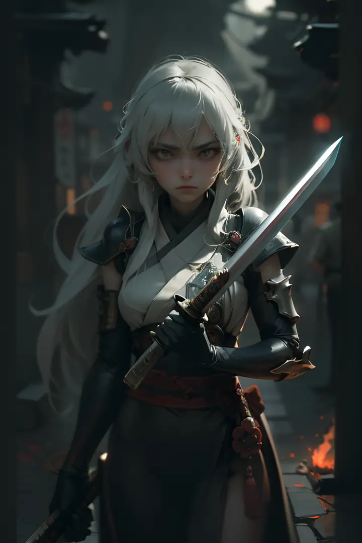 Stunning, lethal skilled geisha,looking fierce,   incredible body, She holds a bloody katana At the height of his own face, in victory after finishing off her enemies, She is a perfect cutie killer , cinematic effect, the place is on fire, she shows no rem...
