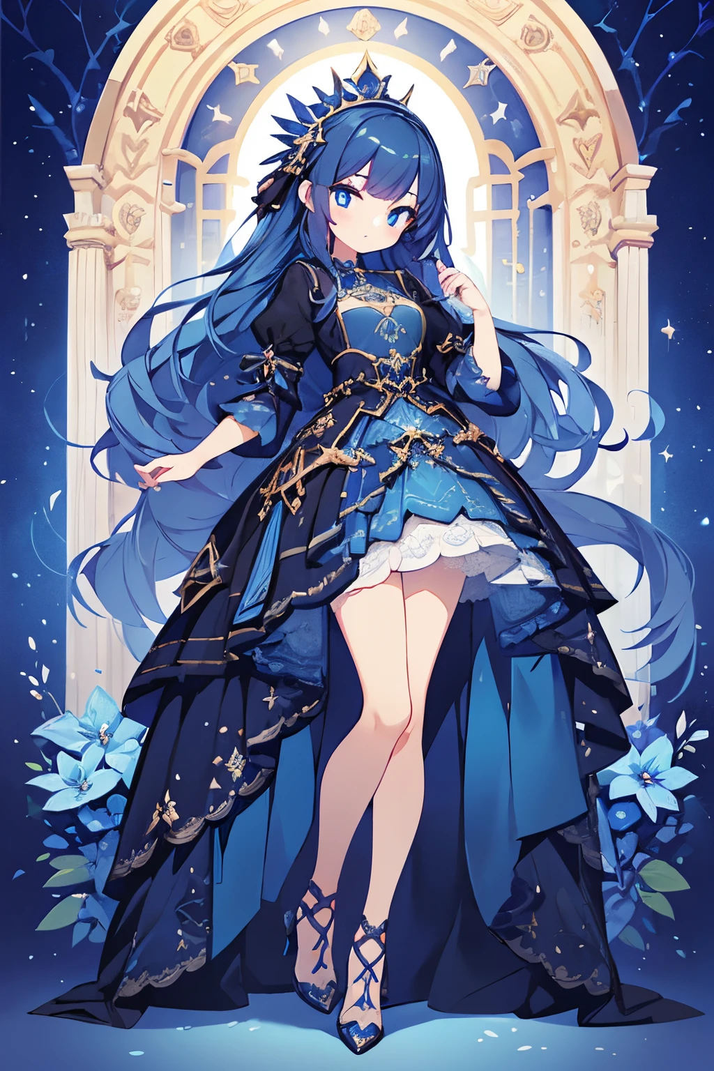 beautiful illustration、top-quality、Detailed hand、A detailed face、Detailed shoes、Detailed clothing、Beautiful girl、Long、Vivid Color、Blue motif、big sister、darkblue hair、Bright lighting、bright light blue eyes、full bodyesbian、Standing illustration、high-heels、frontage