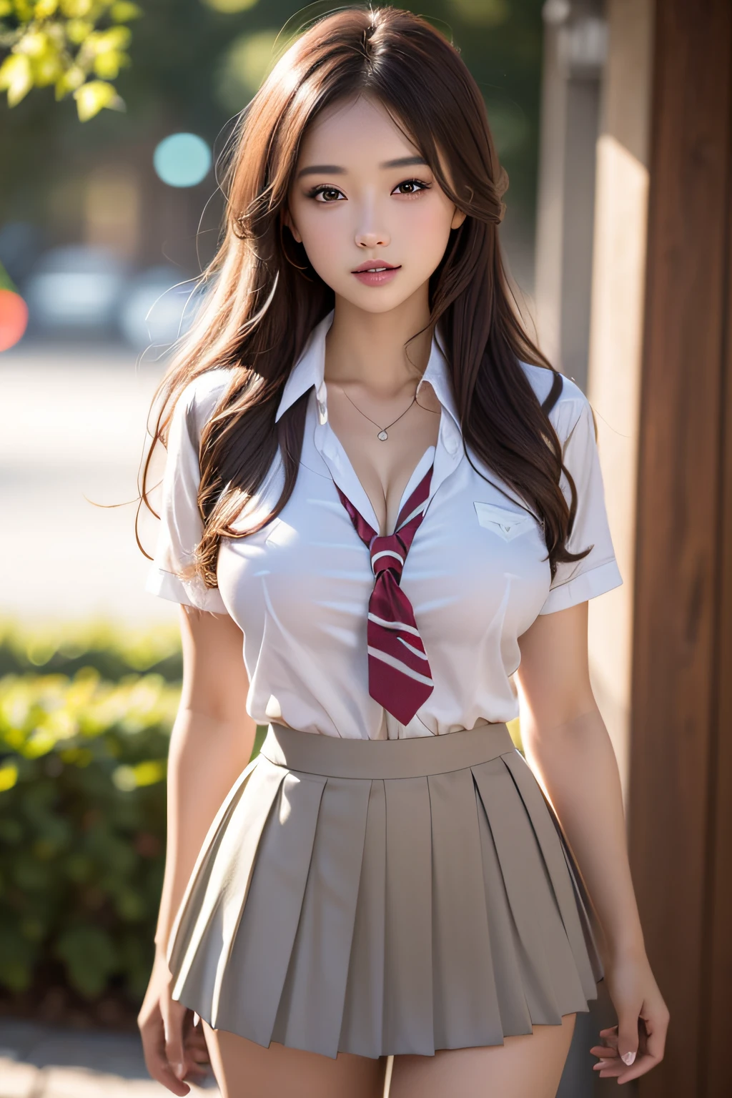 (2girls), Brown hair, Amazing face and eyes, Pink eyes, (High school uniform with wide open chest:1.2), Beautiful big breasts, bared  chest, (amazingly beautiful girl), Brown hair, (High School Uniform, Pleated mini-skirt:1.5), ((Best Quality)), (Ultra-detailed), (extremely detailed CG unified 8k wallpaper), Highly detailed, High-definition raw color photos, Professional Photography, (((Bokeh))), depth of fields,