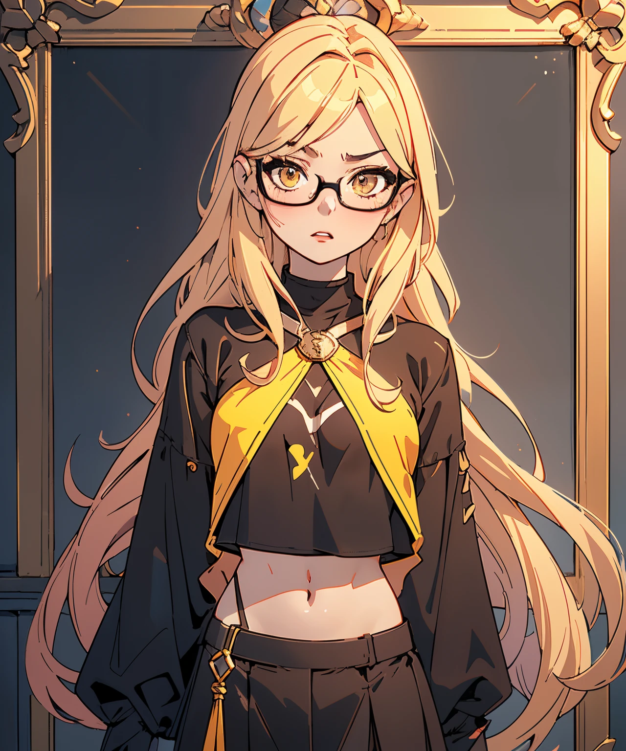 （tmasterpiece，Best quality）one-girl，Long hair to the chest，Square thin metal frame glasses，Blackn clothes，Brownish-yellow hair，rosy lips，Keep your eyes looking straight ahead，flatchest，high school senior，Wear JK clothing，The expression rippled