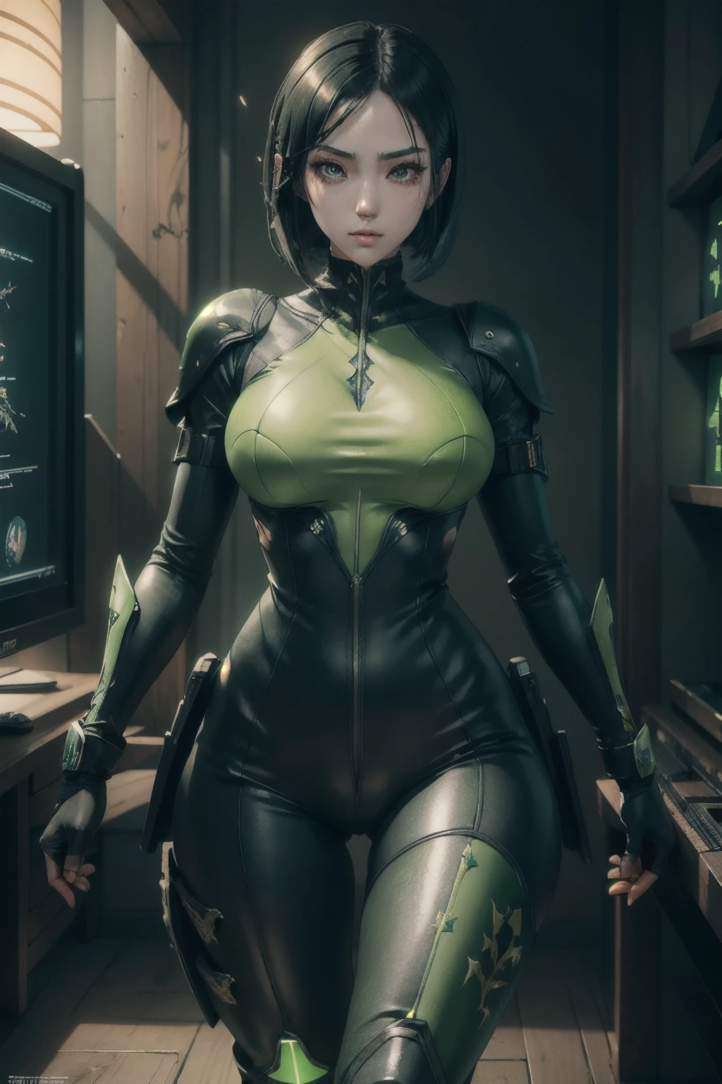 beautiful japanese young woman, extreme detailed, bodysuit, gloves, belt, thigh boots, (valorantViper:1.2), bodysuit, gloves, belt, thigh boots, respirator, looking at viewer, face, portrait, close-up, green, slender, (combat ready stance), (tactical outfit), (solo character), (gaming theme:1.5), short hair, green, (black hair), (milittary gear), (gas mask:0.4), (poisonous green:1.2), (glowing effects),