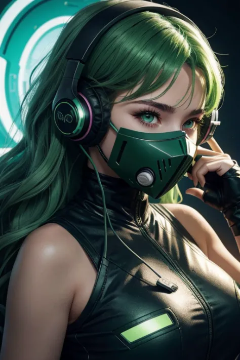 22 years old woman with wavy green hair, green eyes, futuristic vibes, mask on mouth, headphones, 8k, high quality, simple backg...