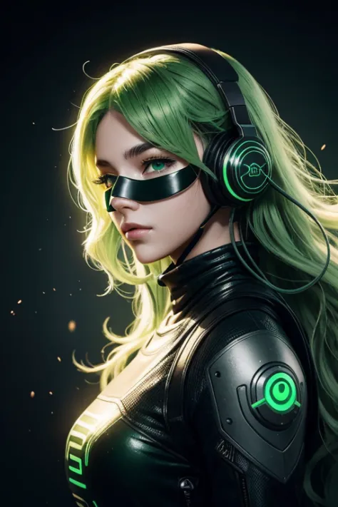 22 years old woman with wavy green hair, green eyes, futuristic vibes, mask on mouth, headphones, 8k, high quality, simple backg...