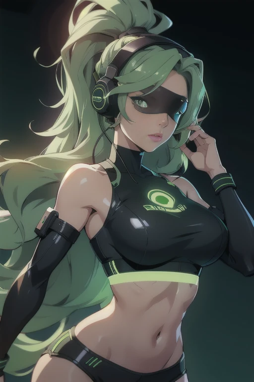 22 years old woman with wavy green hair, futuristic vibes, black blindfold, headphones, visible midriff, 8k, high quality, simple background, glowing eyes, nice pose