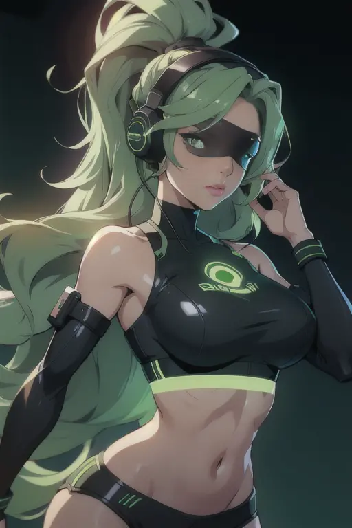 22 years old woman with wavy green hair, futuristic vibes, black blindfold, headphones, visible midriff, 8k, high quality, simpl...