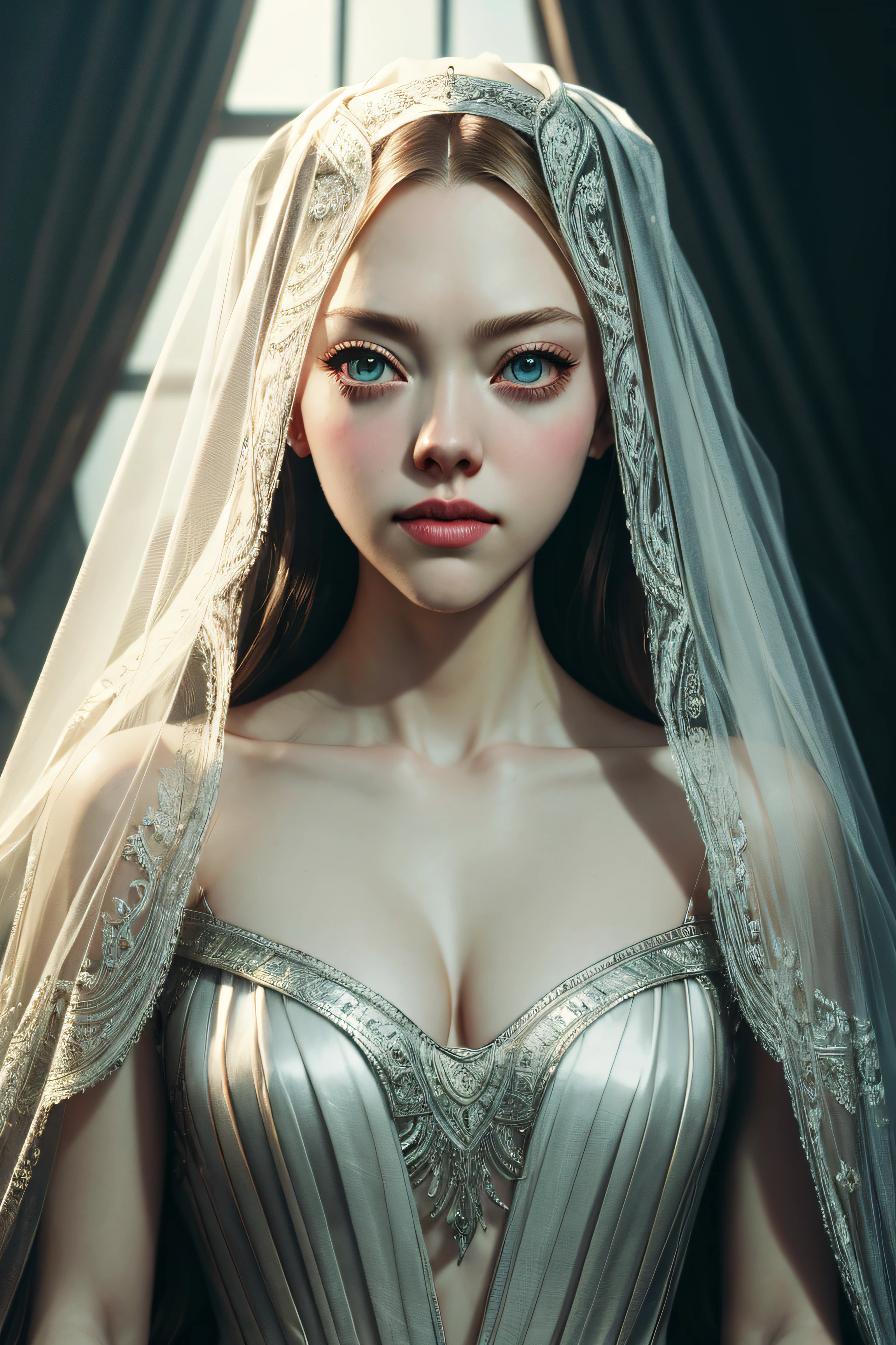 Amanda Seyfried, veil bride sexy clothes, character portrait, 4 9 9 0 s, long hair, intricate, elegant, highly detailed, digital painting, artstation, concept art, smooth, sharp focus, illustration, art by wlop, charlie bowater and alexandra fomina