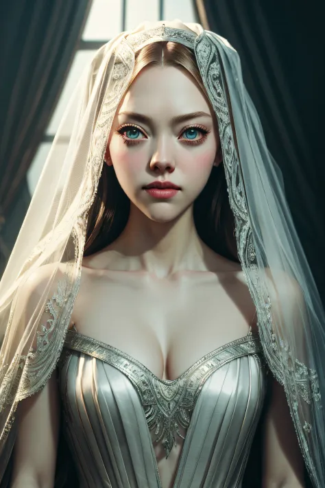 Amanda Seyfried, veil bride sexy clothes, character portrait, 4 9 9 0 s, long hair, intricate, elegant, highly detailed, digital...